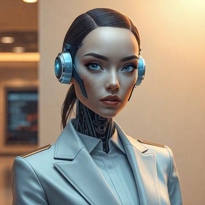 The primary subject of the image is a woman wearing a suit and a pair of futuristic headphones. She is standing in a room with a backdrop of a door and a window. The visual style of the image is digital art, and the colors and mood are predominantly gray and futuristic.